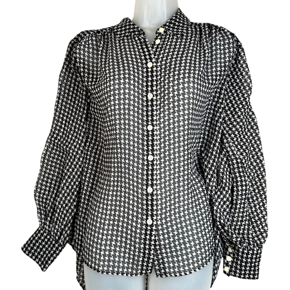 Kate Spade Houndstooth Chiffon Blouse Womens Small Black White Button Down Sheer